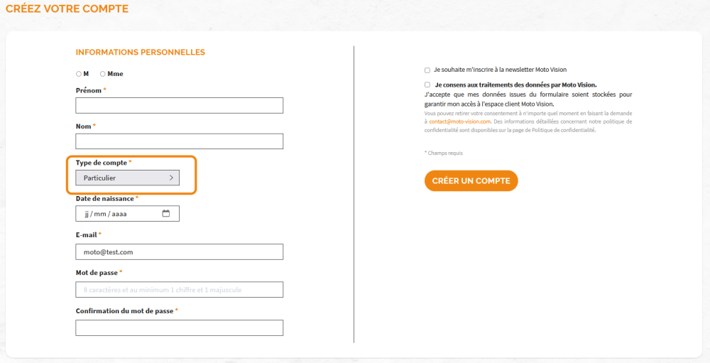 Création Compte Professionnel Moto Vision